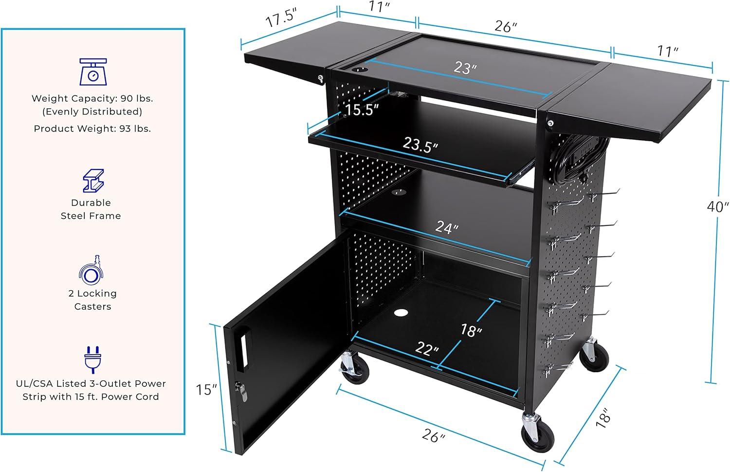 Line Leader Stellar AV Cart / Carro para Computadora con Guarnición de Tablero Perforado y 12 Ganchos para Almacenamiento/armario de Bloqueo Personalizable y Bandeja para Teclado Extraíble / Tomas de Corriente Certificadas de Seguridad UL / Ruedas de Bloqueo