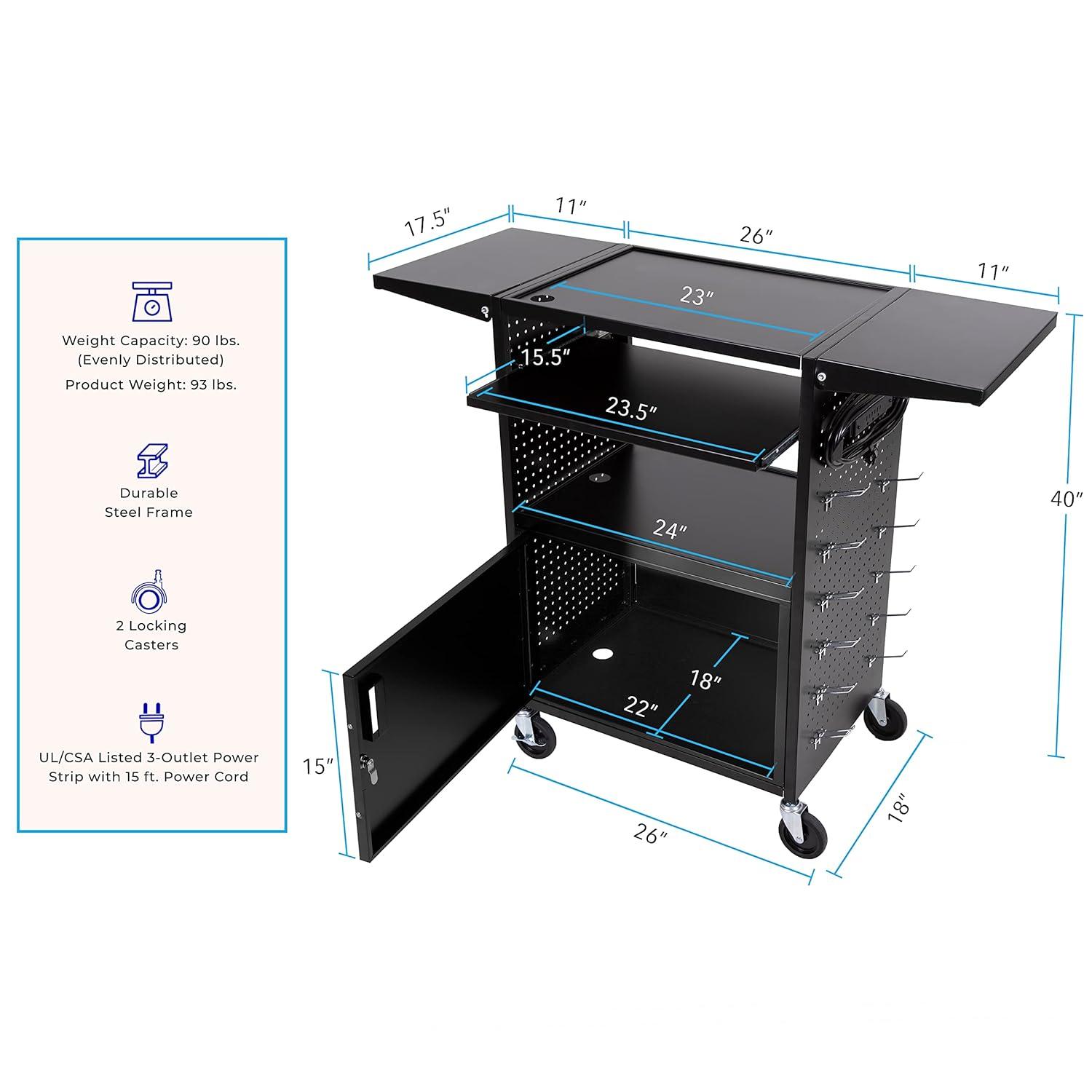 Line Leader Stellar AV Cart / Carro para Computadora con Guarnición de Tablero Perforado y 12 Ganchos para Almacenamiento/armario de Bloqueo Personalizable y Bandeja para Teclado Extraíble / Tomas de Corriente Certificadas de Seguridad UL / Ruedas de Bloqueo