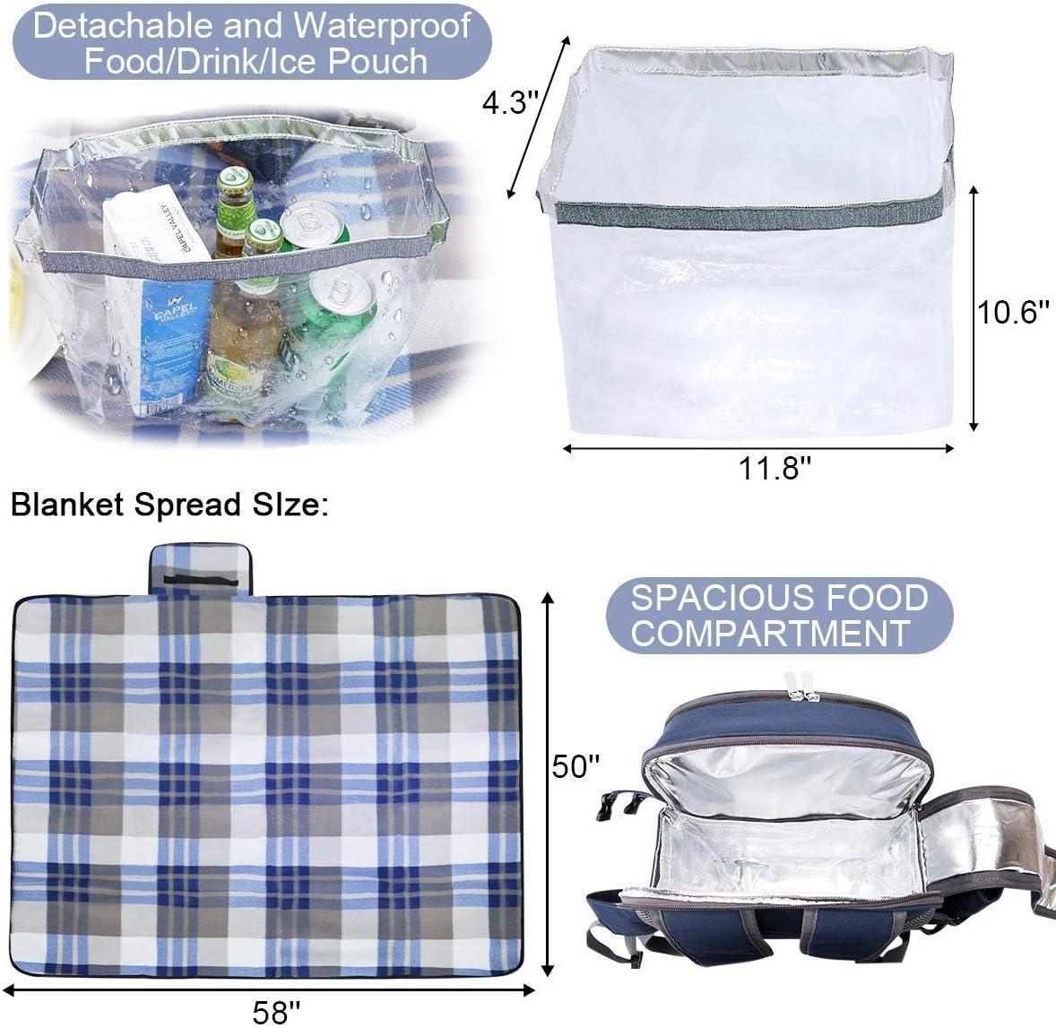 Navy Blue Cationic Fabric Picnic Backpack with Blanket and Insulated Cooler