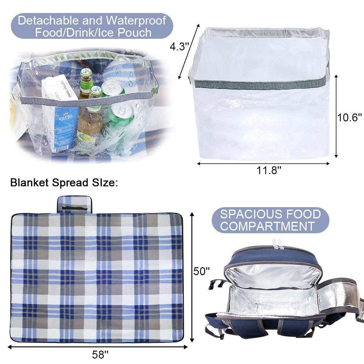 Navy Blue Cationic Fabric Picnic Backpack with Blanket and Insulated Cooler