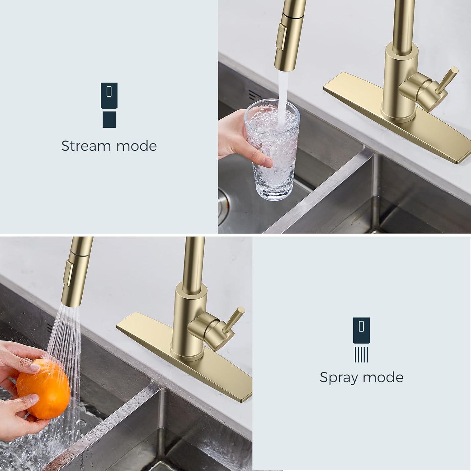 Kitchen Faucet Single Handle Stainless Steel Kitchen Sink Faucet with Pull Out Sprayer Brushed Gold Sprayer and Handle