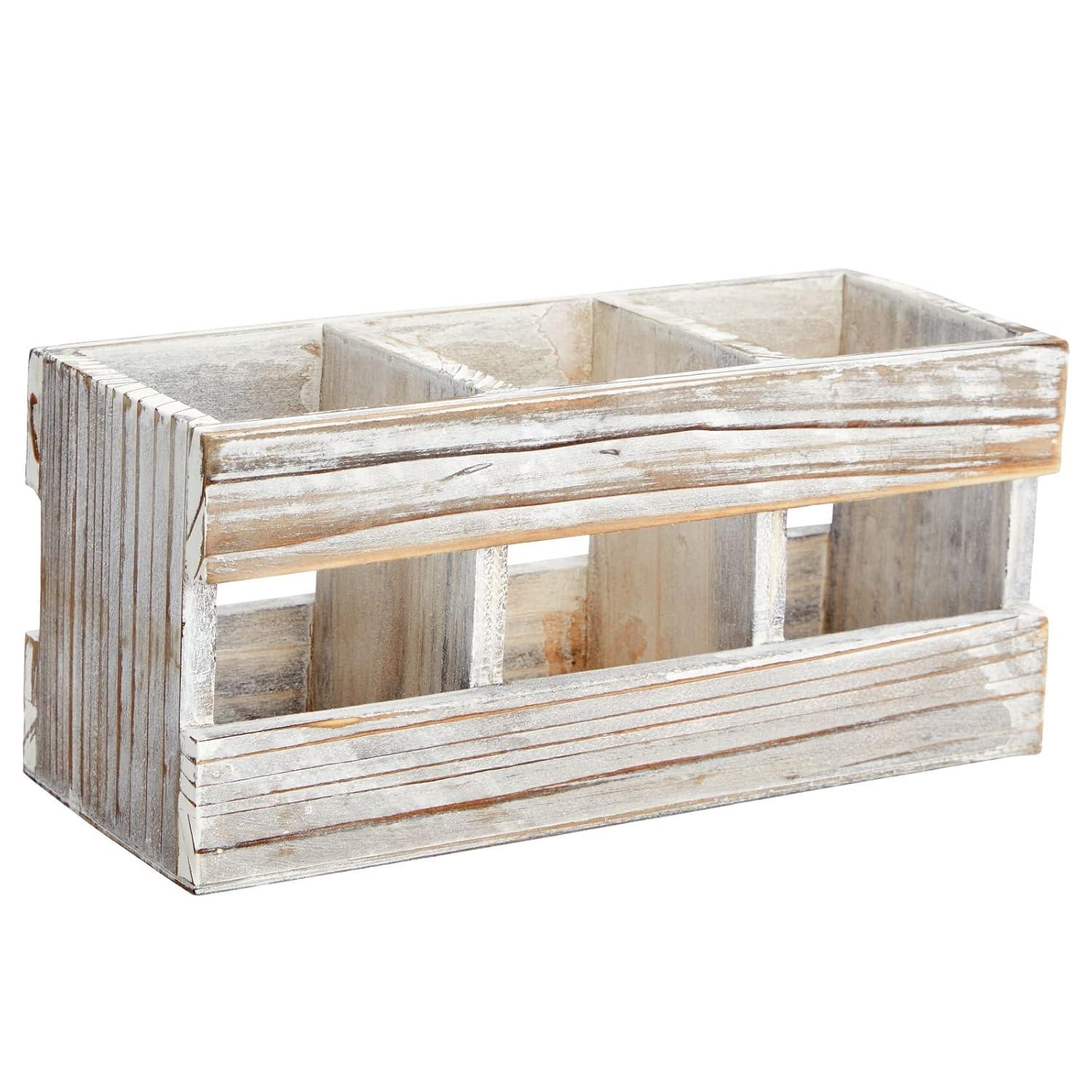 Juvale Rustic-Style Desk Pencil Holder with 3 Compartments - Farmhouse Decor and Wooden Organizer for Office Accessories