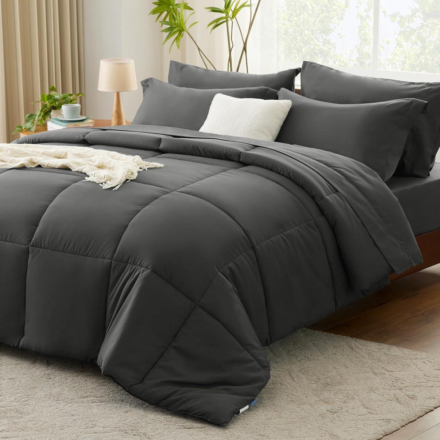 Queen Comforter Set - 7 Pieces Bed in a Bag Set Dark Grey, Bedding Sets Queen with All Season Quilted Comforter, Flat Sheet, Fitted Sheet, Pillowcases, Dark Gray, Queen