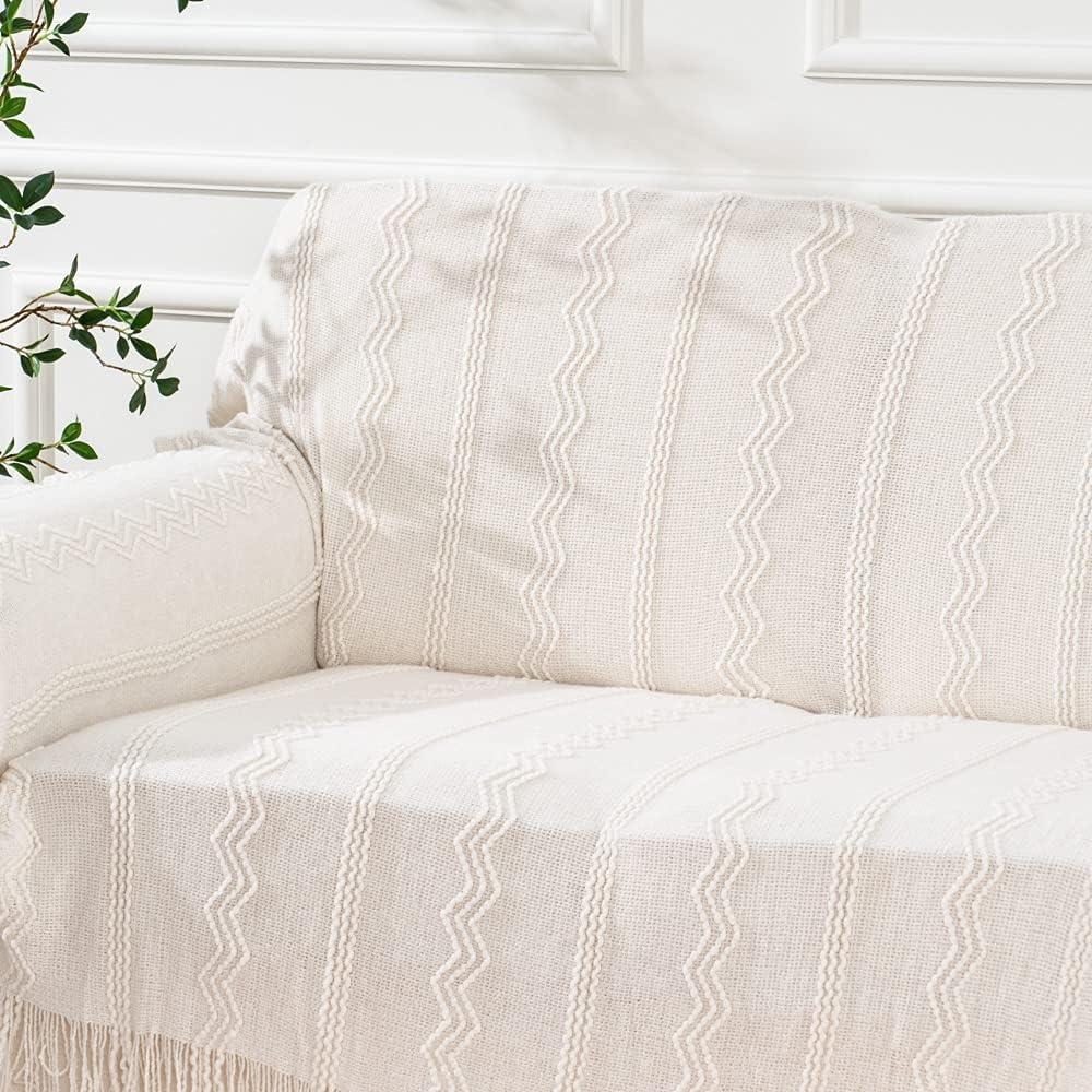 Cream Knitted Acrylic Throw Blanket with Tassels, 50"x60"