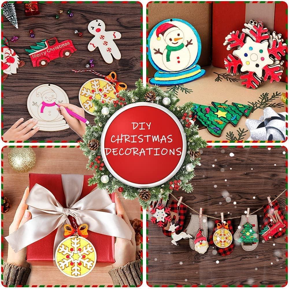 60pcs Wooden Christmas Ornaments, 12 Styles Unfinished Wood Slice Ornaments, DIY Christmas Ornaments Set with Bells, Colored Markers and Ropes