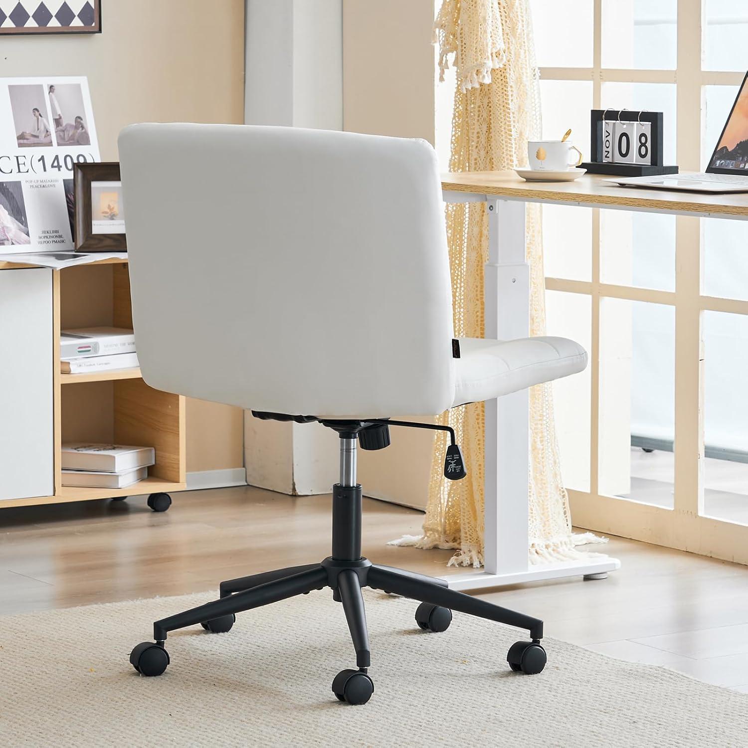 Ivory White PU Armless Swivel Task Chair with Metal Base