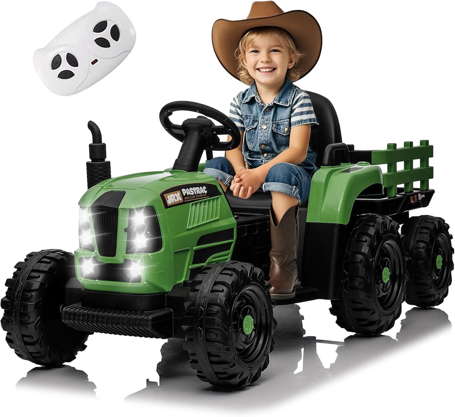 Green 12V Ride-On Tractor with Trailer and Remote Control