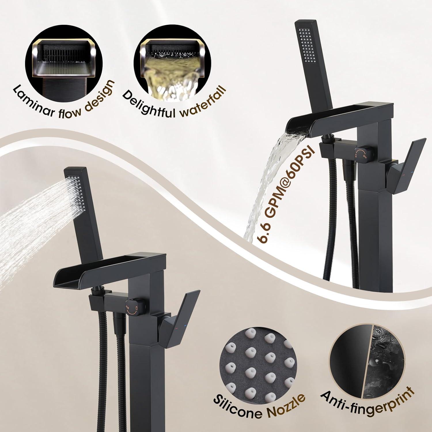 AlenArtWater Waterfall Tub Filler Freestanding Bathtub Faucet Floor Mount Brass Single Handle Bathroom Faucets with Hand Shower 94-LJQKCZ