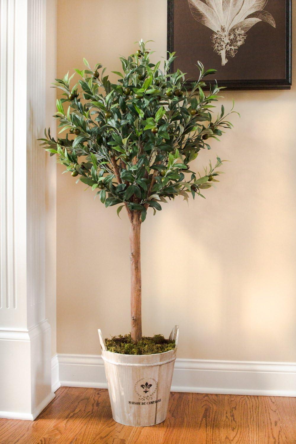 4.5' Olive Topiary Tree with European Barrel Planter - Nearly Natural