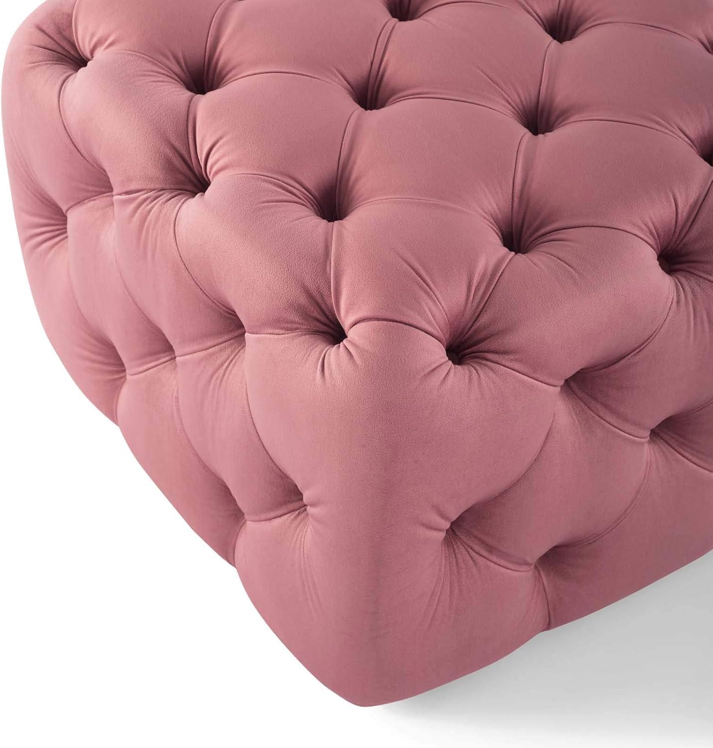 Dusty Rose Velvet Tufted Ottoman with Deep Button Detailing