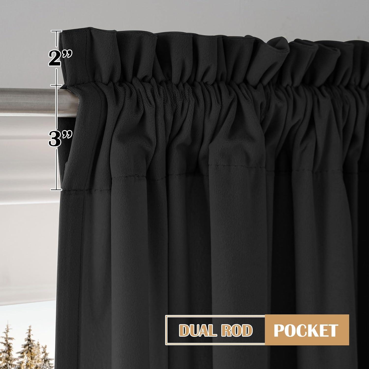 JIUZHEN Black Velvet Curtains for Living Room -96 inches Long Rod Pocket Thermal Insulated Room Darkening Window Drapes for Bedroom, Set of 2 Panels with Tiebacks, 52 x 96 inches