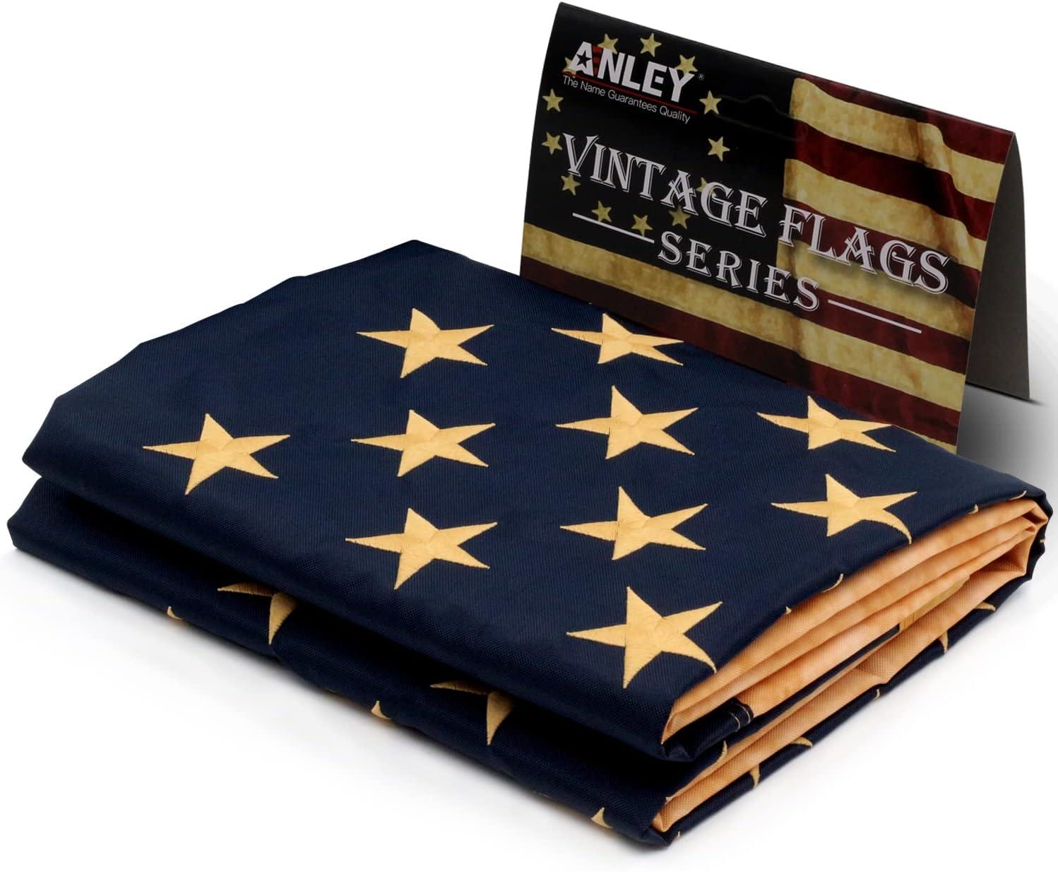 Anley Vintage Style Tea Stained American US Flag 3x5 Foot Nylon - Embroidered Stars and Sewn Stripes - Antiqued USA Banner Flags