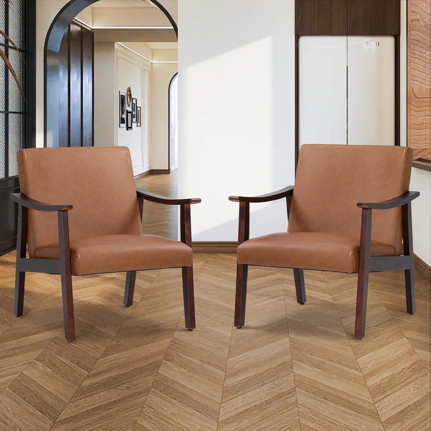 Renwick Mid-Century Modern Faux Leather Accent Chair, Set of 2, Brown