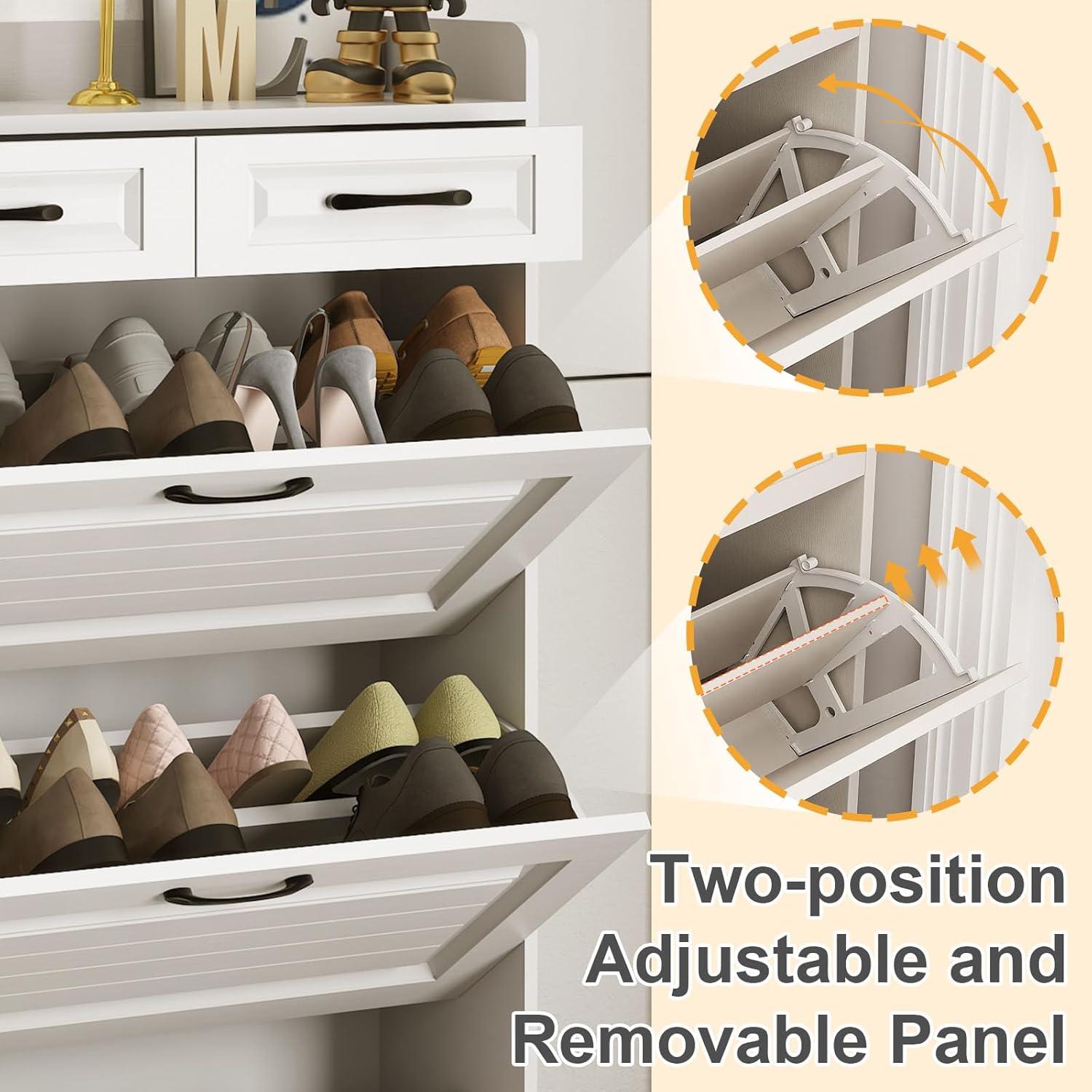 Miniyam Shoe Cabinet, Flip Down Freestanding Shoe Rack with Drawers, Entryway Shoe Storage Organizer, White