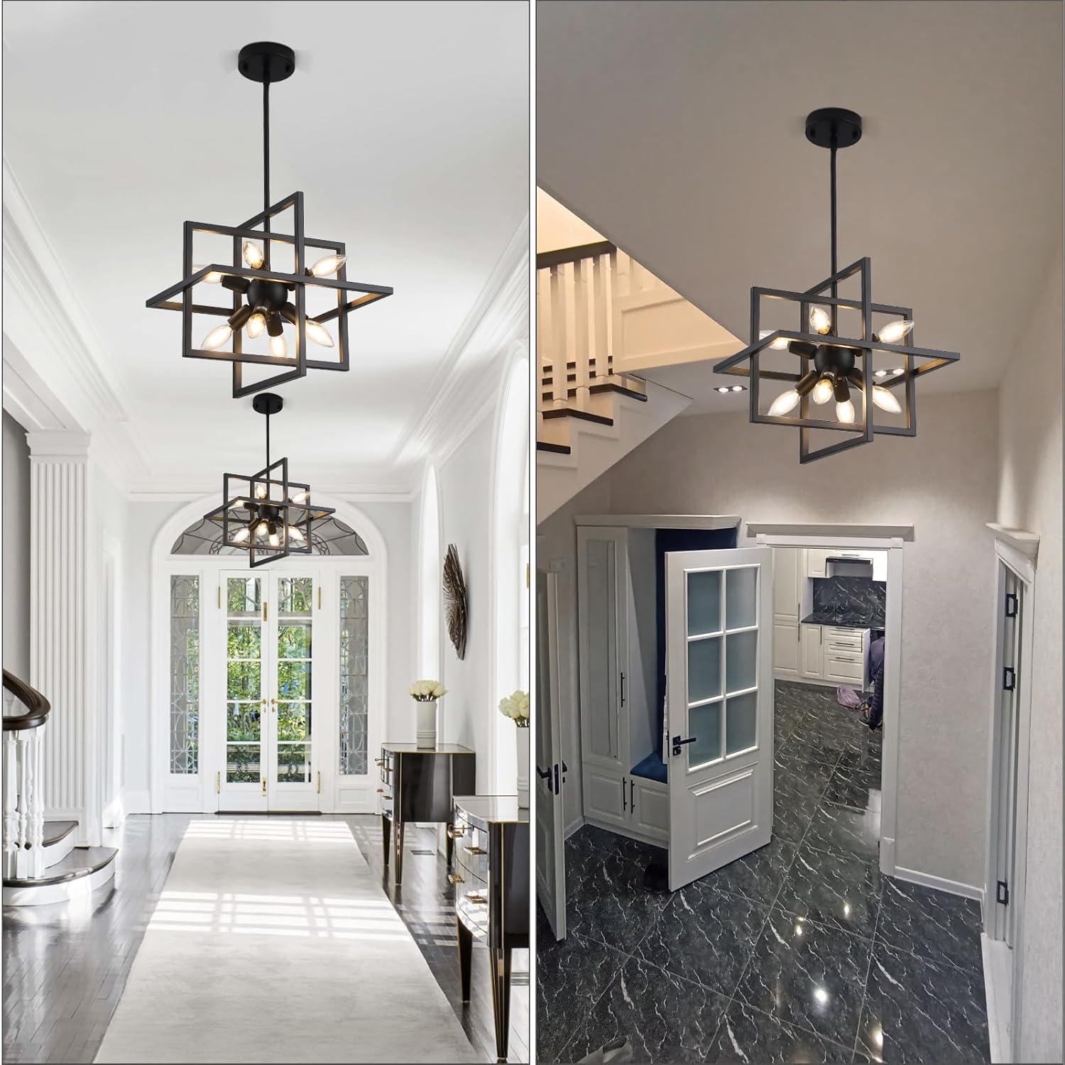 Modern Black and Gold Chandelier, 8-Light Geometric Pendant Light Fixture, Dining Light Fixtures Adjustable Chandelier for Dining Room Entryway Foyer Hallway Bedroom Living Room Kitchen Island