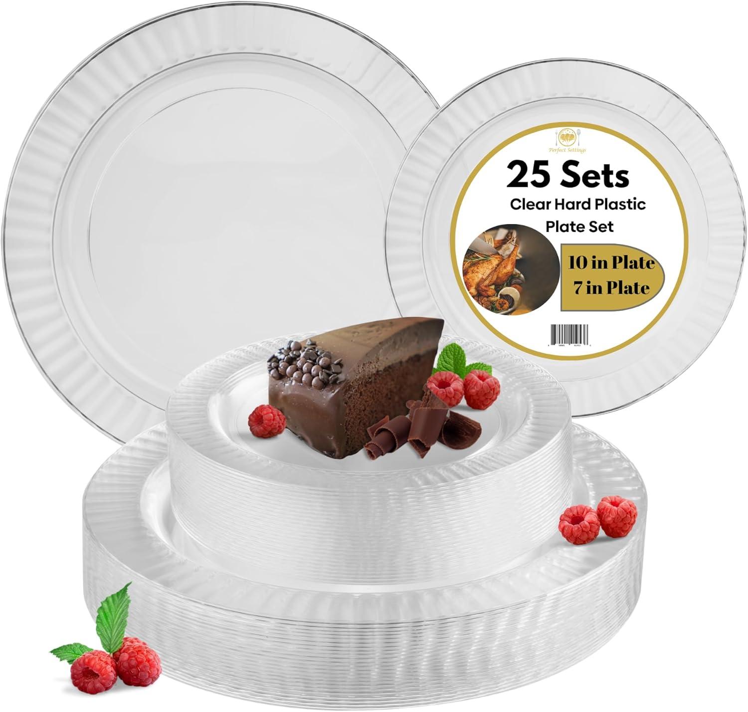 Perfect Settings Tableware 50 Pcs Clear Plastic Disposable Party Dinnerware Combo Set Dinner and Salad Size Plates (Set of 25)