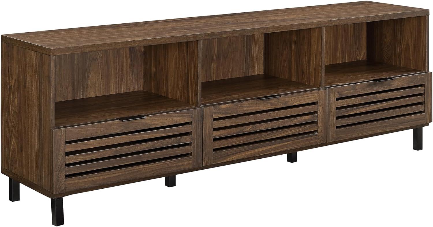 70-Inch Dark Walnut Slatted Wood TV Stand with Cabinets