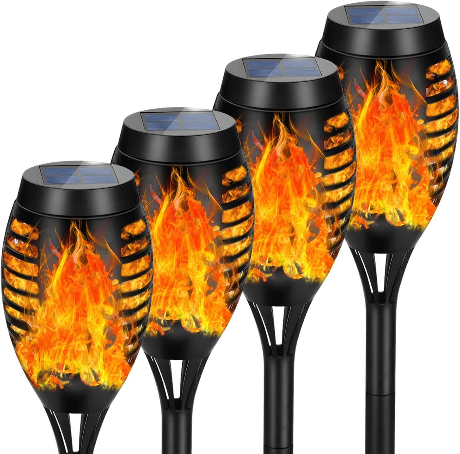 Black Solar LED Tiki Torches with Flickering Flame, 4-Pack
