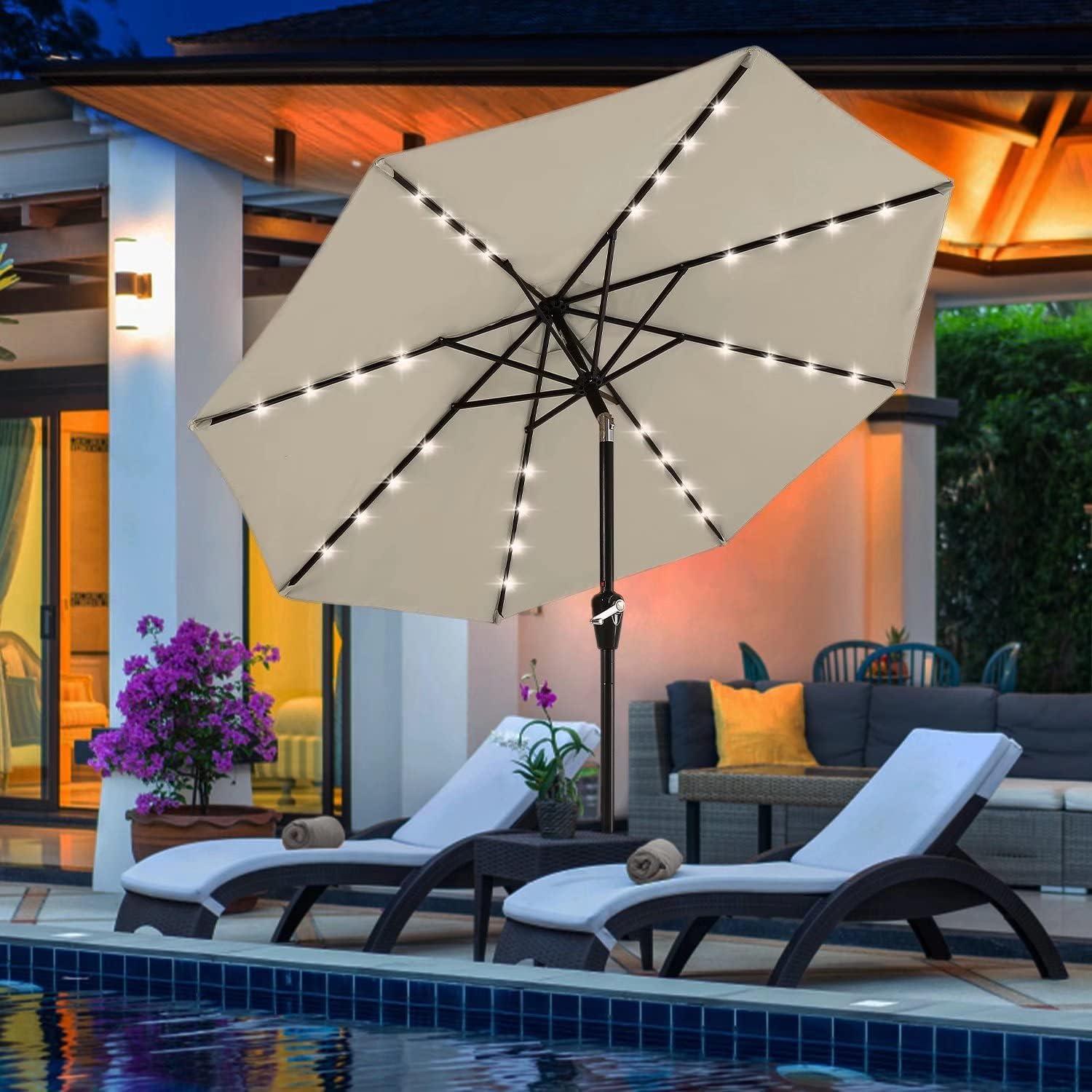 7.5FT Light Beige Solar LED Patio Umbrella with Aluminum Frame