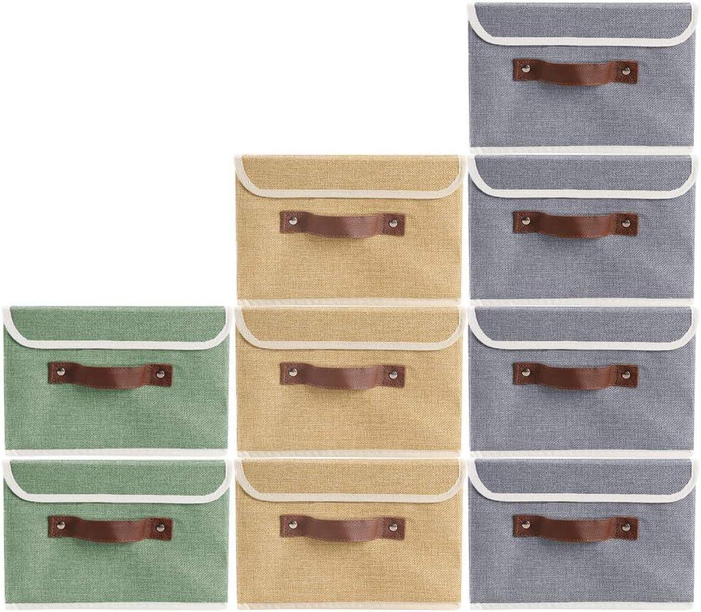 Gray Collapsible Fabric Storage Cubes with Lids and Faux Leather Handles