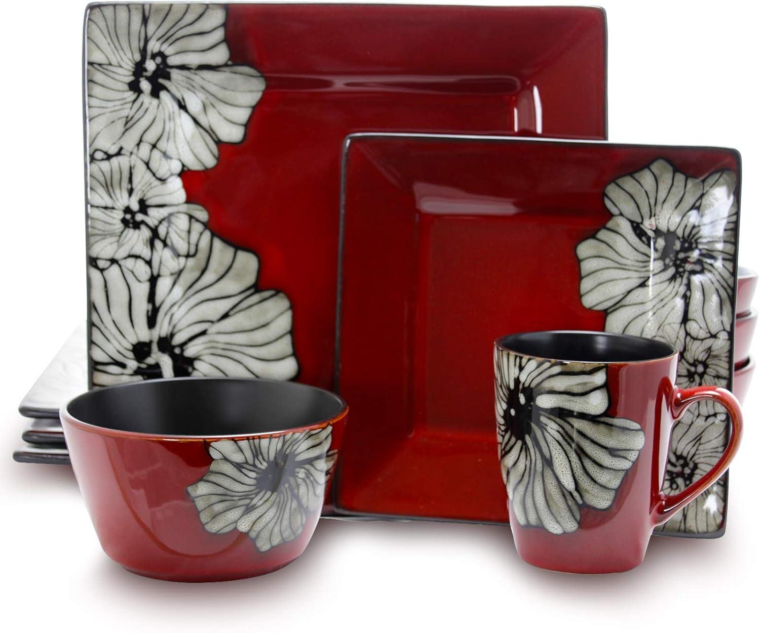 Red Ceramic Square Dinnerware Set with White Flower Accents, Service for 4