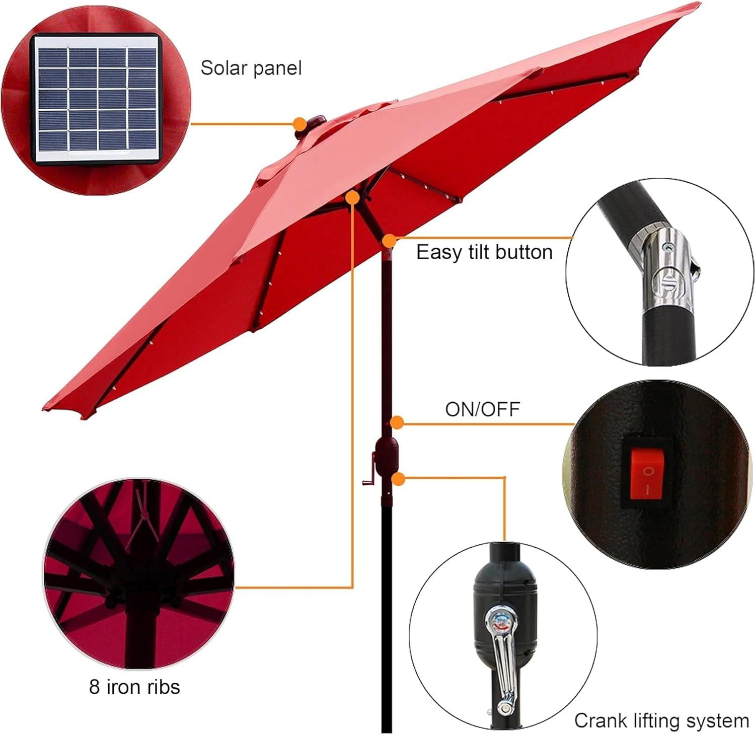 Red 9 ft LED Lighted Patio Umbrella with Stainless Steel Pole