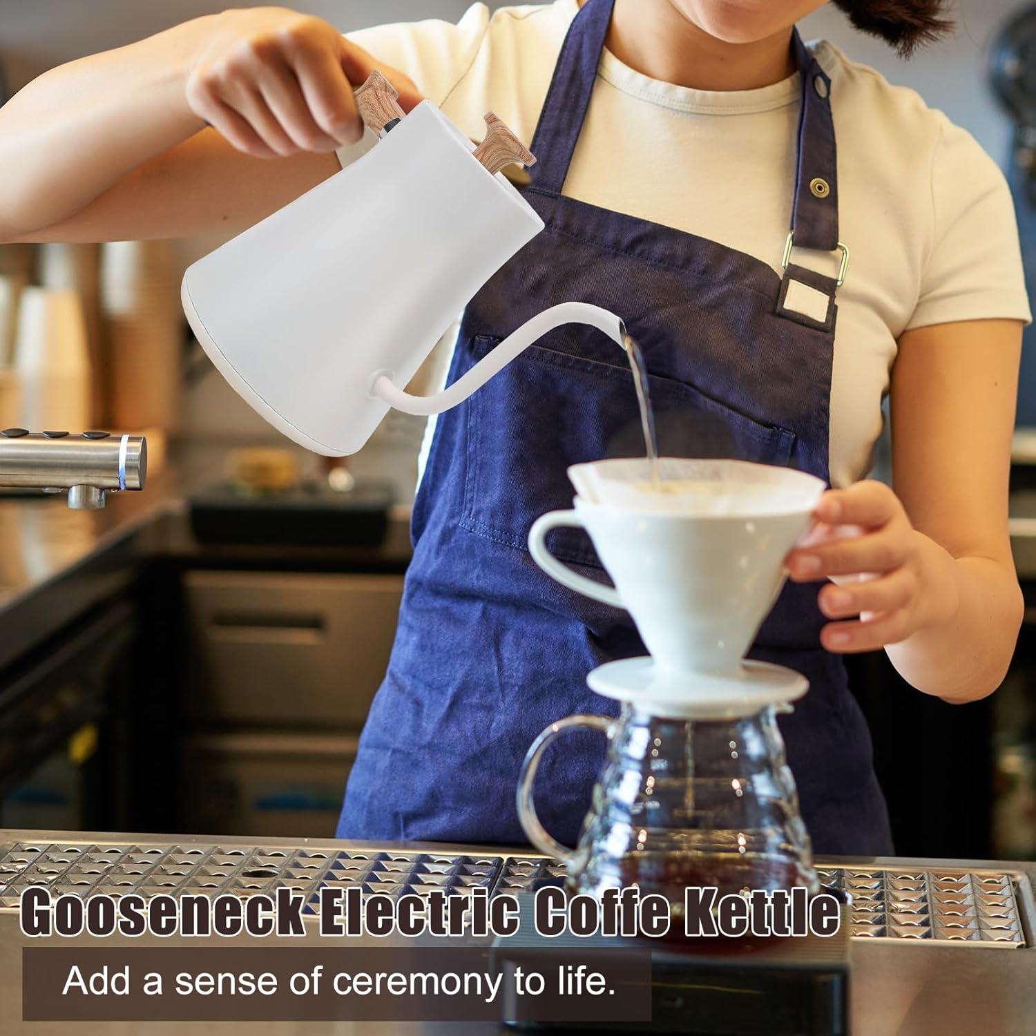 White Electric Gooseneck Kettle with Bamboo Handle and LCD Display