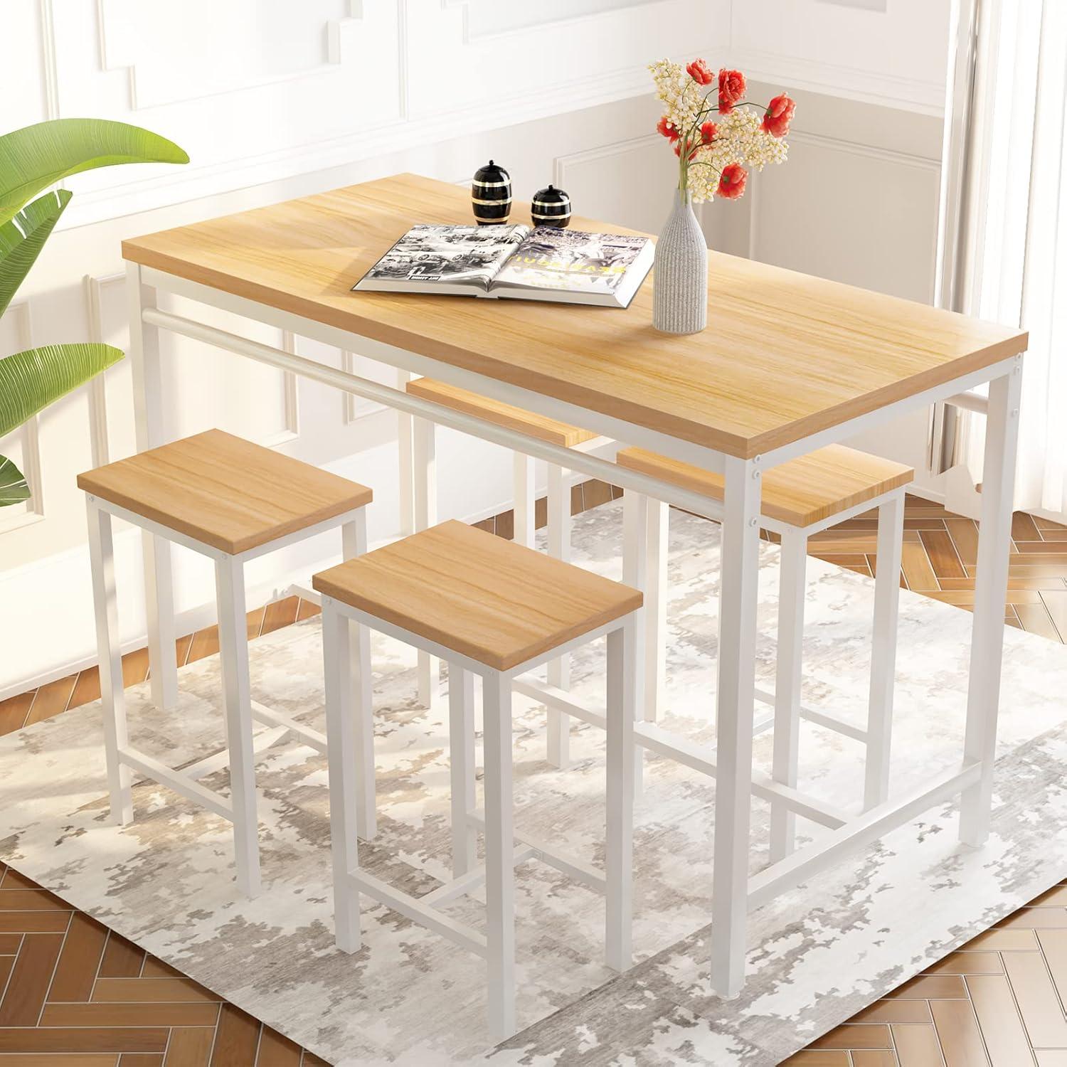 Counter Height Bar Table Set, 5 Piece Dining Table Set, Modern Pub Table with 4 Stools, Home Dining Table and Stools Set, 4-Person Kitchen Breakfast Table Set, Rustic Brown, D8995