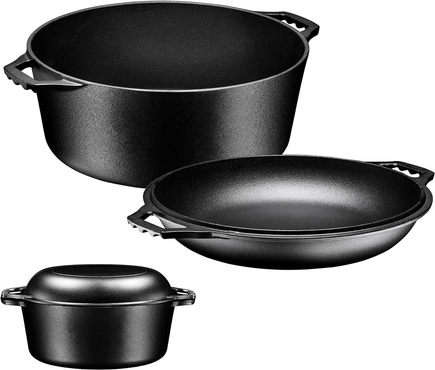 Bruntmor 2-in-1 Gray Enamel Cast Iron Dutch Oven & Skillet Set, 5 Quarts | All-in-One Cookware for Induction, Electric, Gas, Stovetop & Oven