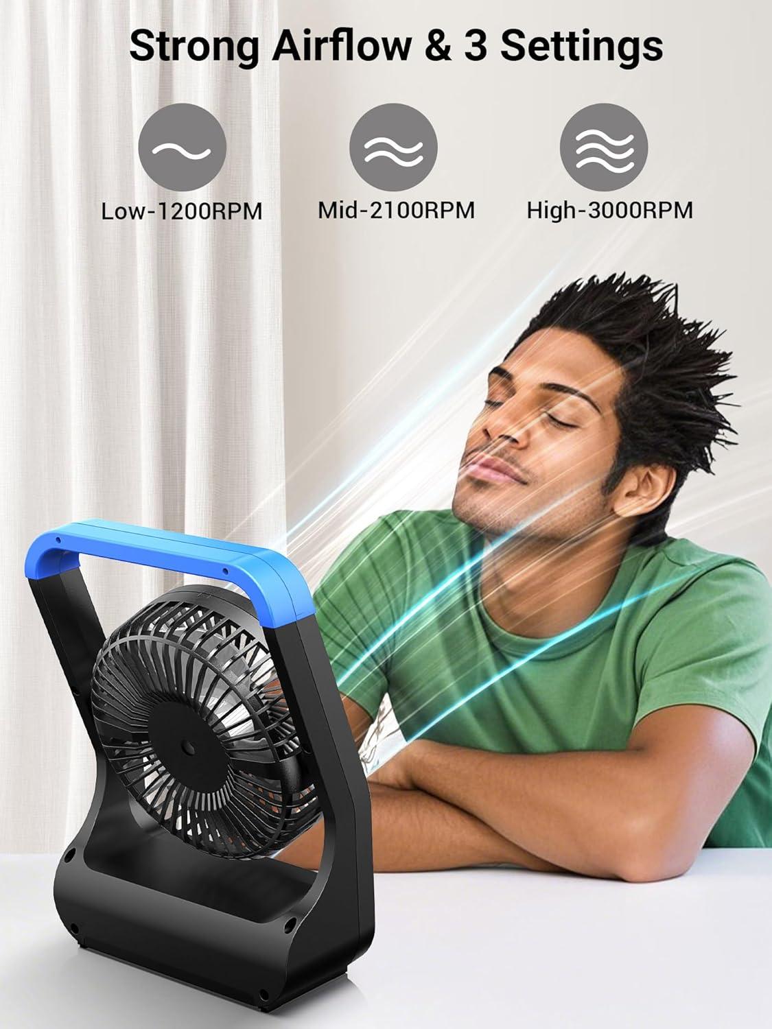 Gazeled Battery Operated Fan,Camping Fan, Super Long Lasting, Portable D-Cell Battery Powered Desk Fan with Timer,3 Speeds, Quiet, 180° Rotation,Cooling Fan for Bedroom,Home,Office,Outdoor, 5'',Blue