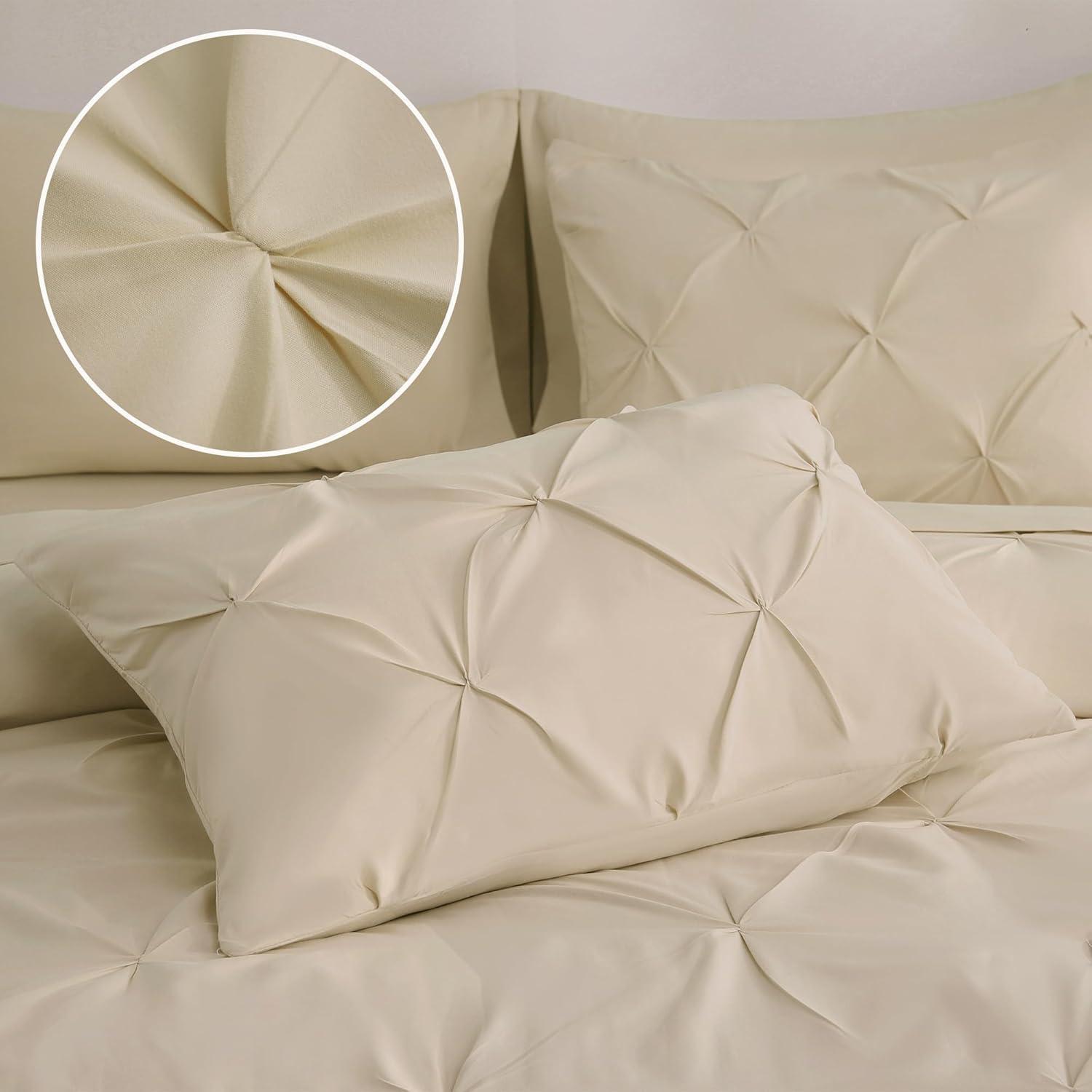 CozyLux Beige Comforter Set Queen 7 Pieces Bed in A Bag Cream Off White Pintuck Comforters Queen Size Pinch Pleat Bedding Sets with All Season Comforter, Flat Sheet, Fitted Sheet and Pillowcases&Shams