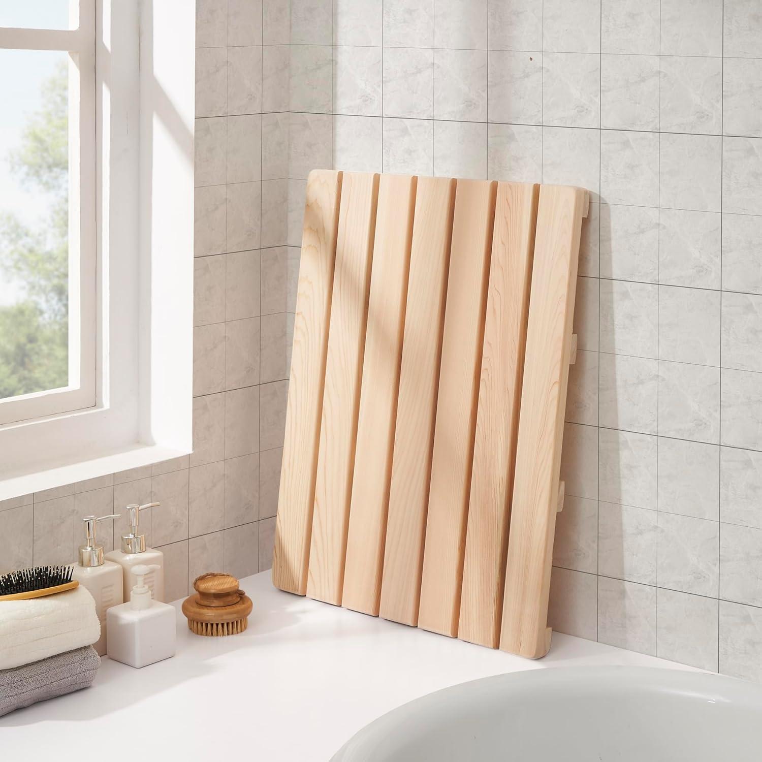 bingaai Hinoki Wood Shower and Bath Mat 25×18.9 in, Natural Japanese Hinoki Wooden Bath Mat, Non-Slip Bathroom Mat Wood for Indoor Outdoor Shower, Wooden Floor Mat for Spa Sauna Camping