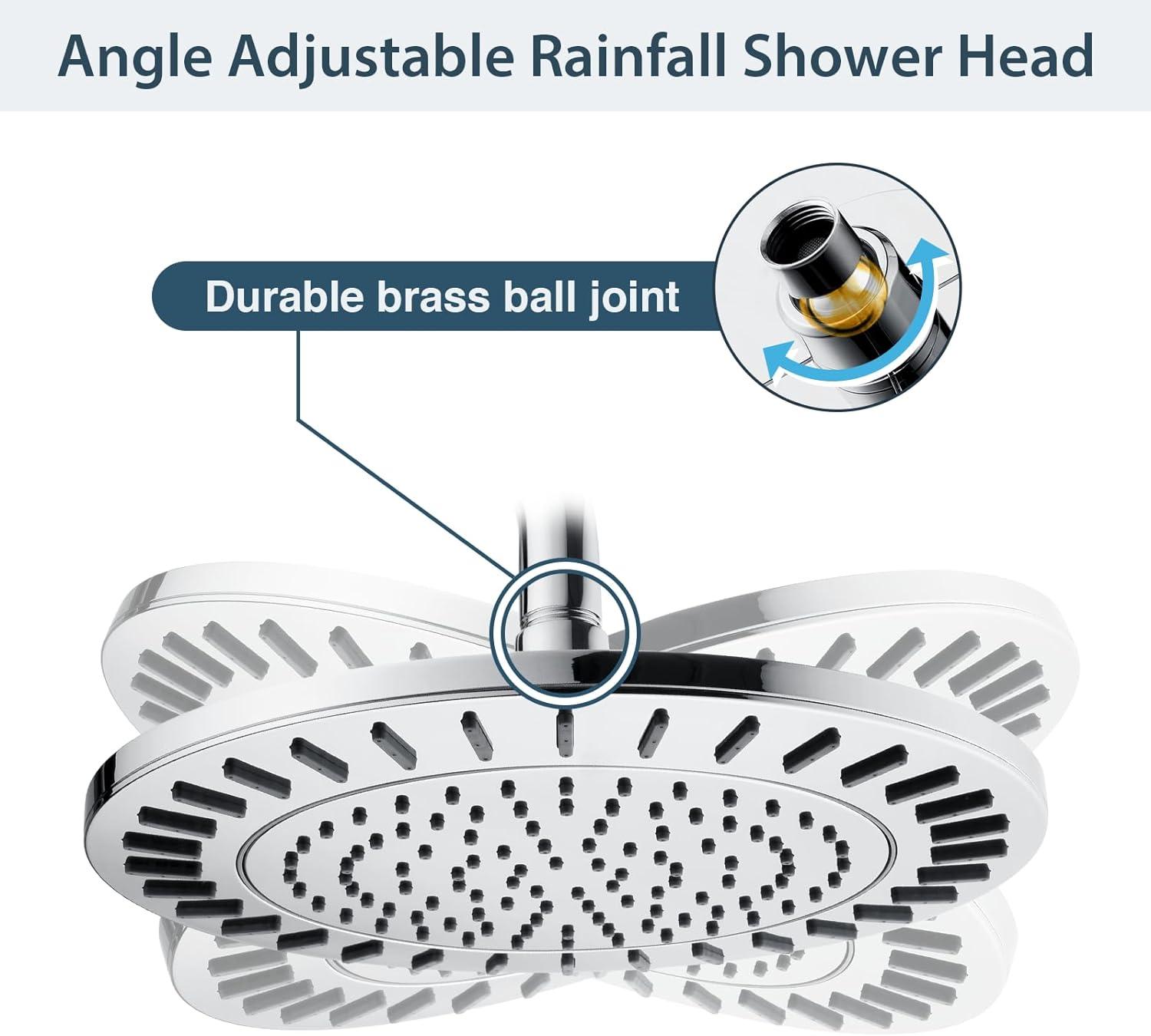 BRIGHT SHOWERS Rain Shower Head, 9 Inch High Pressure Waterfall Showerhead with Adjustable Angle and Anti-clogging Silicone Nozzles, Luxury Bathroom Overhead Rainfall Shower Head, Chrome