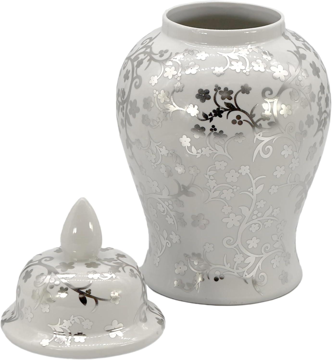 Silver and White Floral Ceramic Ginger Jar with Lid, 18"