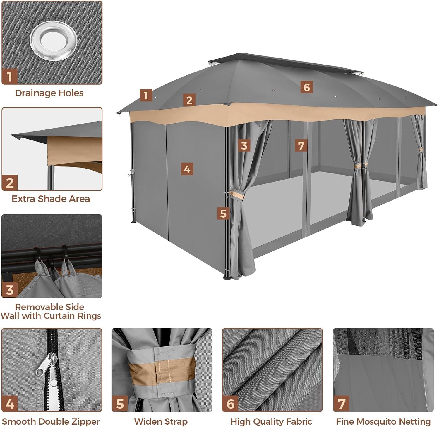 Hoteel 12X20 Heavy Duty Outdoor Patio Gazebo with Mosquito Netting and Curtains, Canopy Tent Deck Gazebo with Double Roofs and Metal Steel Frame for Party, Backyard, Deck, Garden, Gray