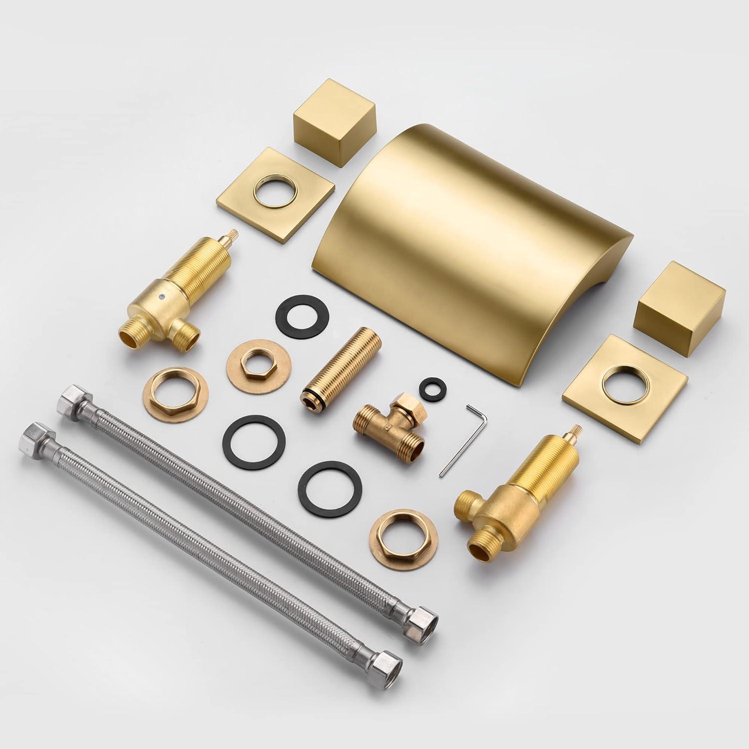 Bathroom Roman Tub Faucet with Waterfall Spout, 3 Hole Deck Mount Bath Tub Filler Brushed Gold