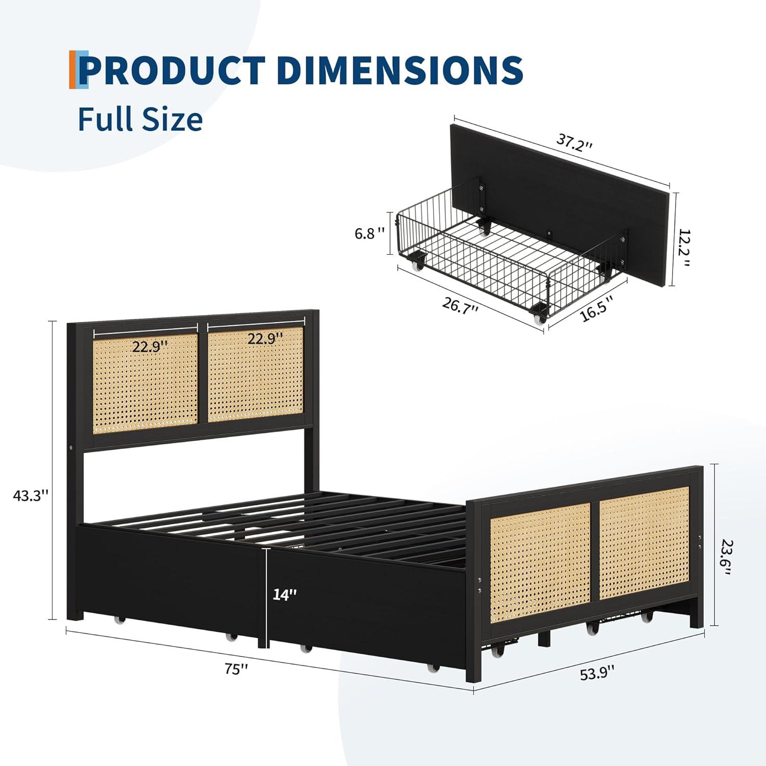 Garvee Rattan Bed Frame with Headboard, Full Bed Frame with Strong Metal Slats Support, Noise-Free Design, No Box Spring Needed, Black