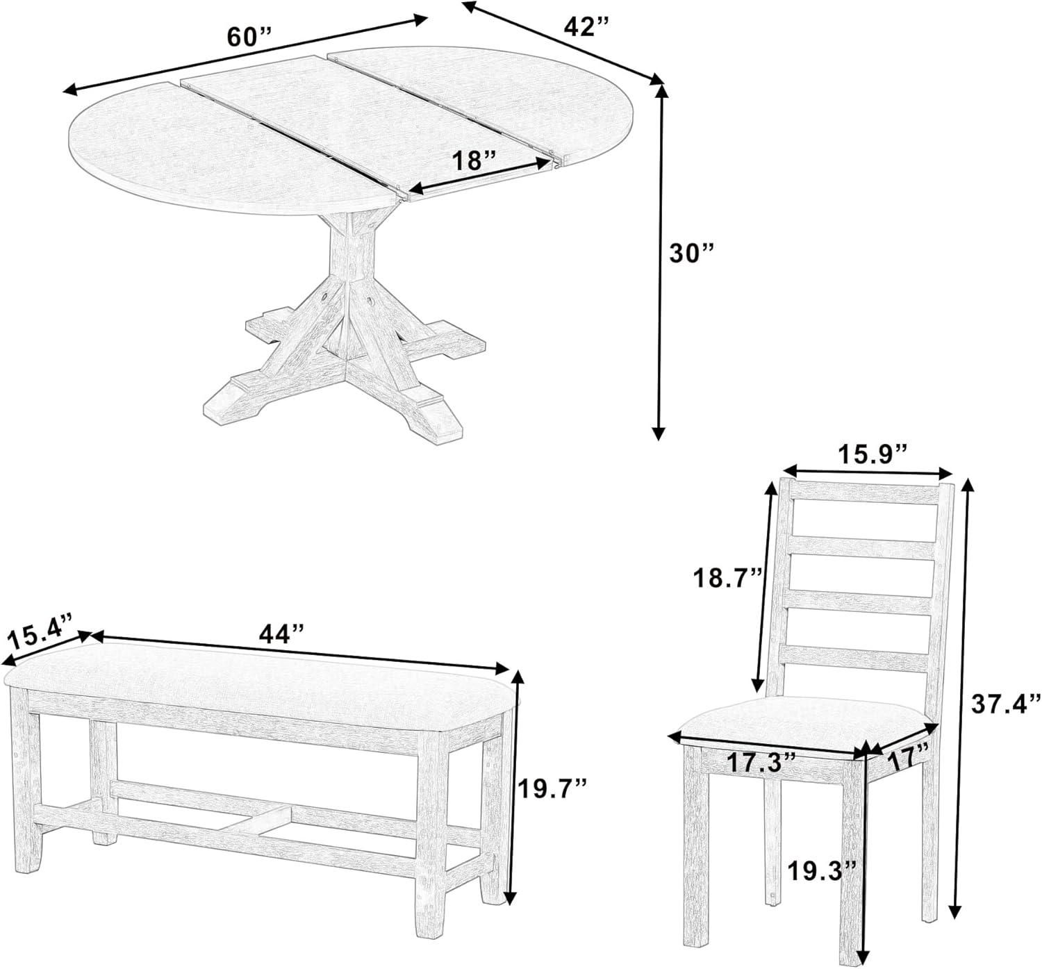 Farmhouse 6-Piece 60inch Extendable Pedestal Dining Table Set with 18inch Removable Leaf, 44inch Bench and 4 Ladder Back Dining Chairs