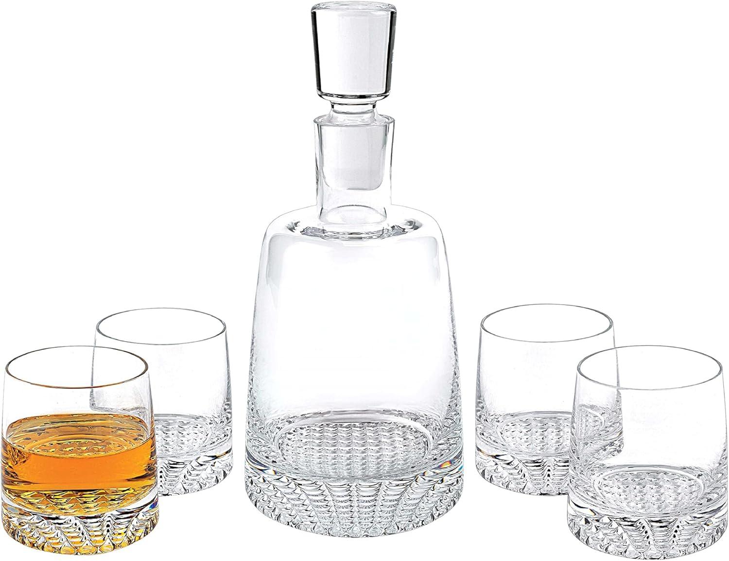 Clear Crystal 5-Piece Whiskey Decanter Set with Glasses