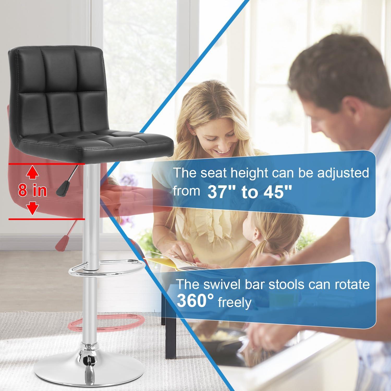 FDW Bar Stool Height Adjustable Swivel Stool with Back PU Leather Kitchen Counter Stools Set of 2 Dining Chairs, Black