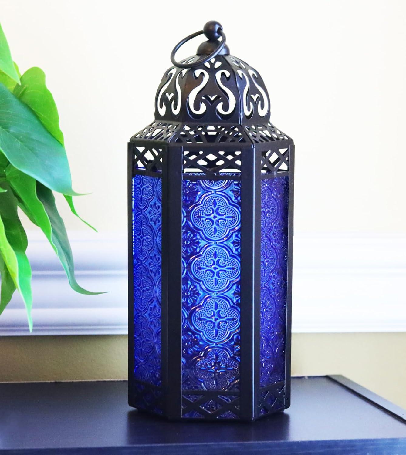 Vela Lanterns Decorative Moroccan Candle Lantern Holder for Decor, Cobalt Glass, Medium