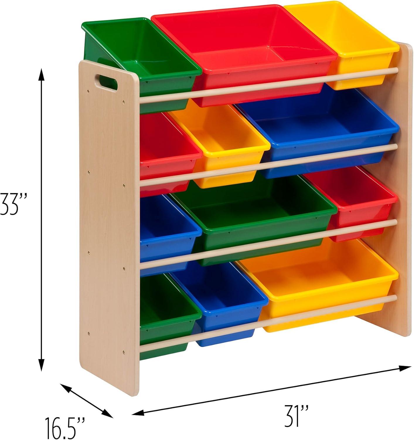 Honey-Can-Do  MDF Kids Toy Storage Organizer with 12 Plastic Bins, Natural/Primary Colors