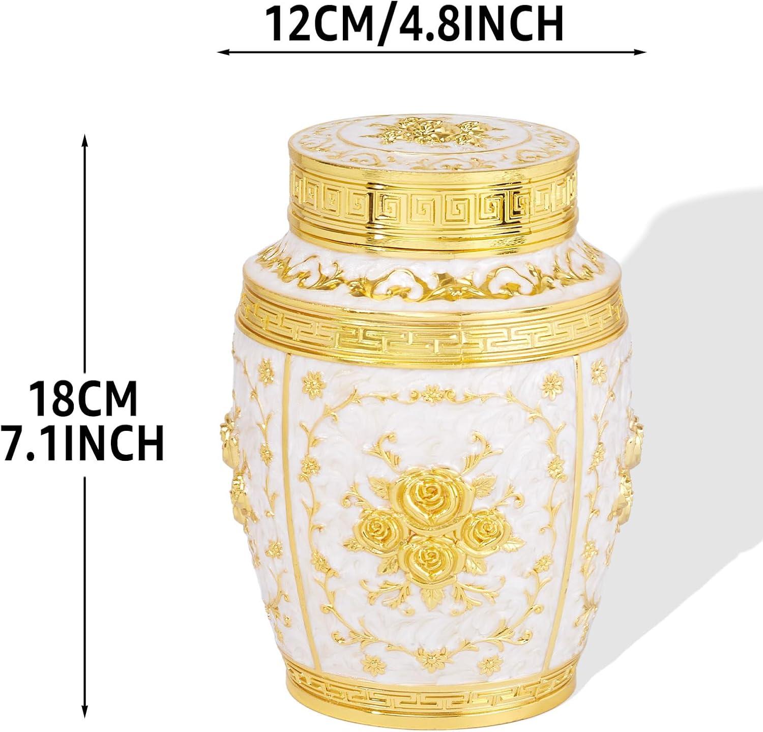 Gold and White Rose Embellished Medium Metal Urn