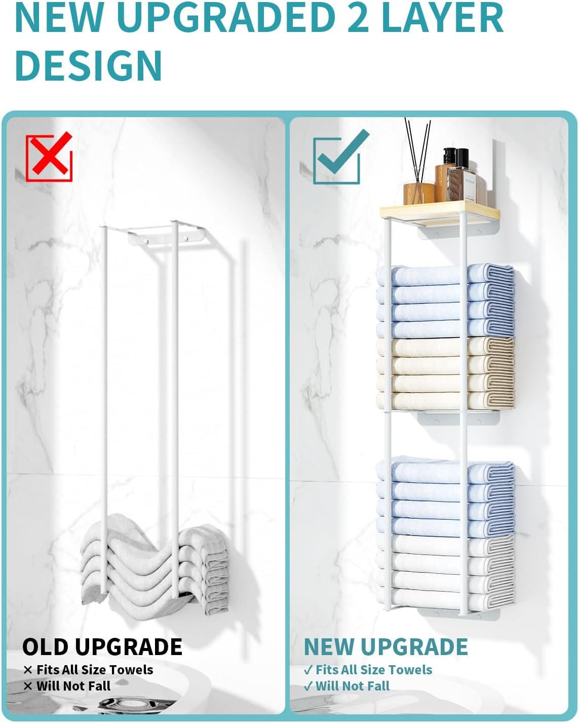 Towel Racks for Bathroom, 2 Tier Wall Towel Holder with Wood Shelf, Metal Wall Mounted Bathroom Organizers and Storage, White