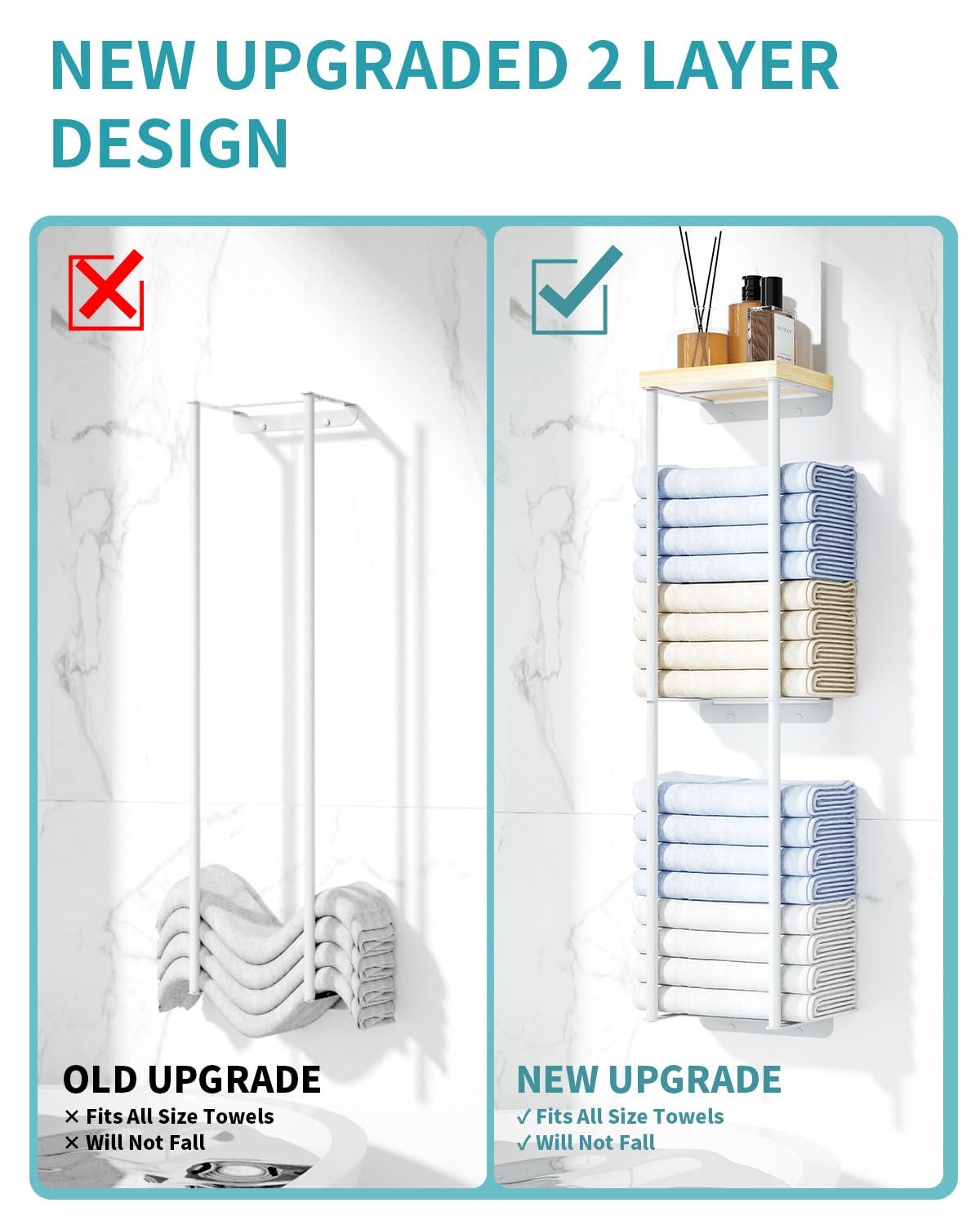 Towel Racks for Bathroom, 2 Tier Wall Towel Holder with Wood Shelf, Metal Wall Mounted Bathroom Organizers and Storage, White