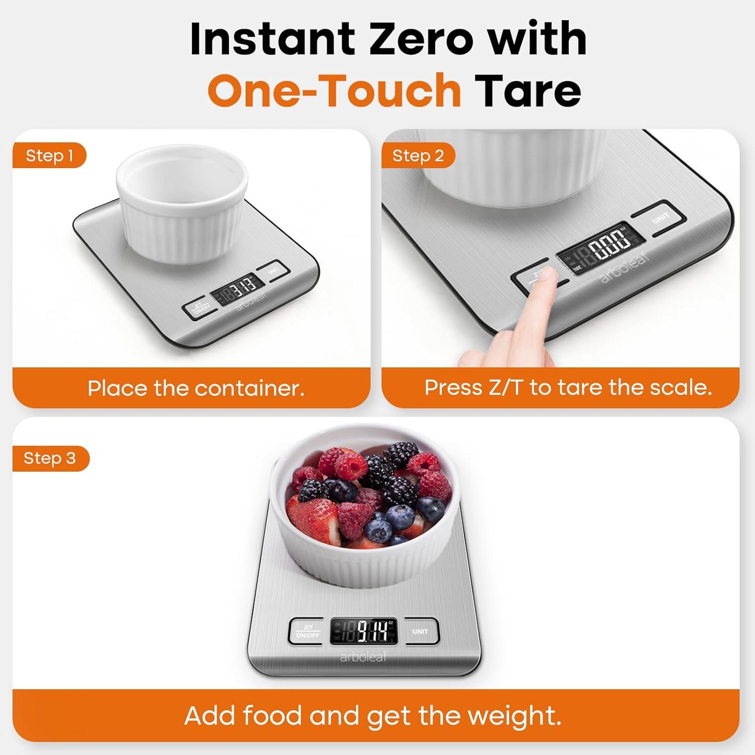 arboleaf Food Kitchen Scale, 22lb Digital Weight Grams and Ounces for Baking and Cooking, 1g/0.01oz Precise Food Scales for Kitchen, Backlit LCD Display, Tare Function, Stainless Steel