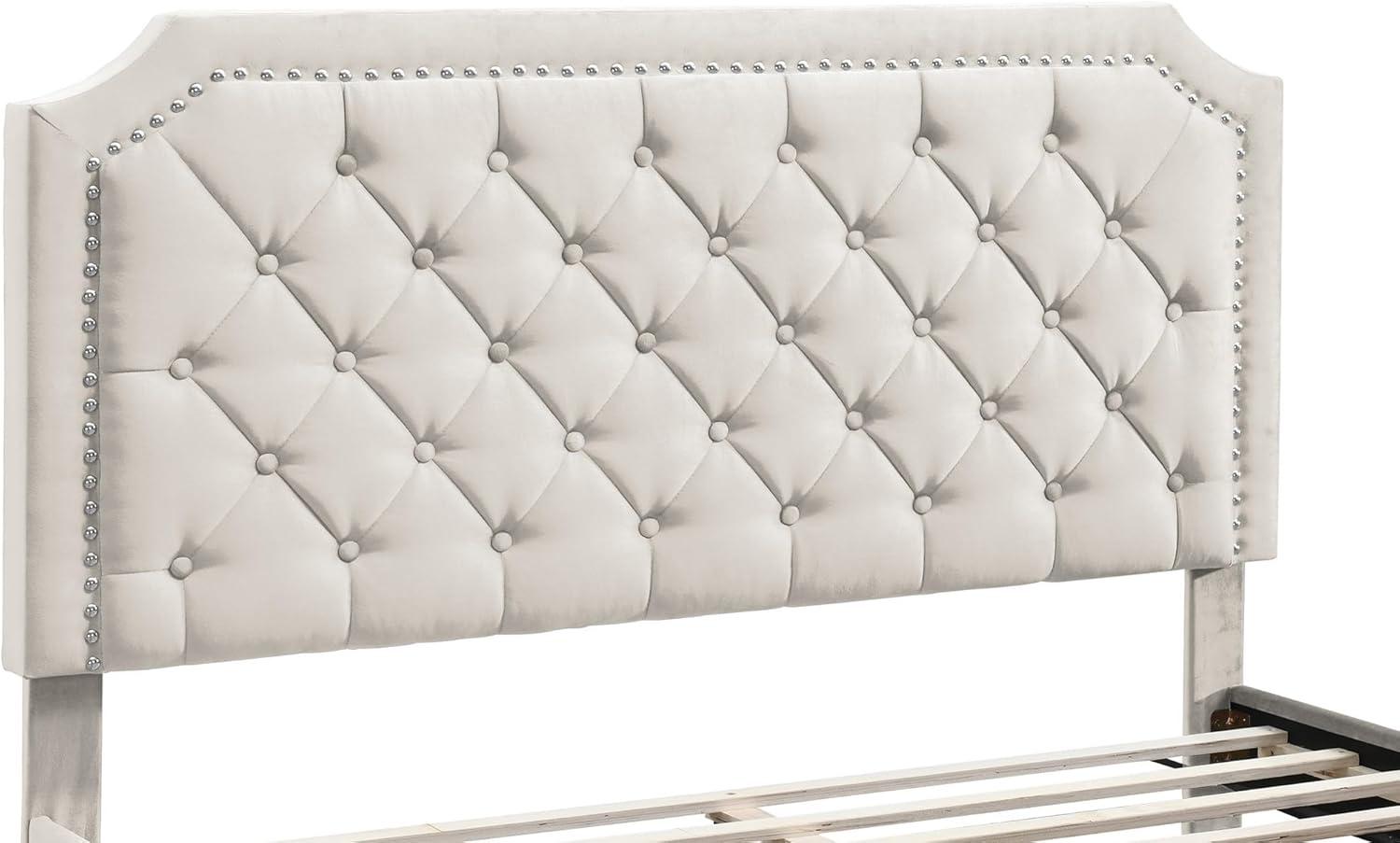 Urban Home Furniture Ava Plush Velvet Tufted Buttoned Upholstered Headboard Clipped Edge Nailhead Decorated Platform Bed Frame with Wood Slats Support Legs Full - Beige
