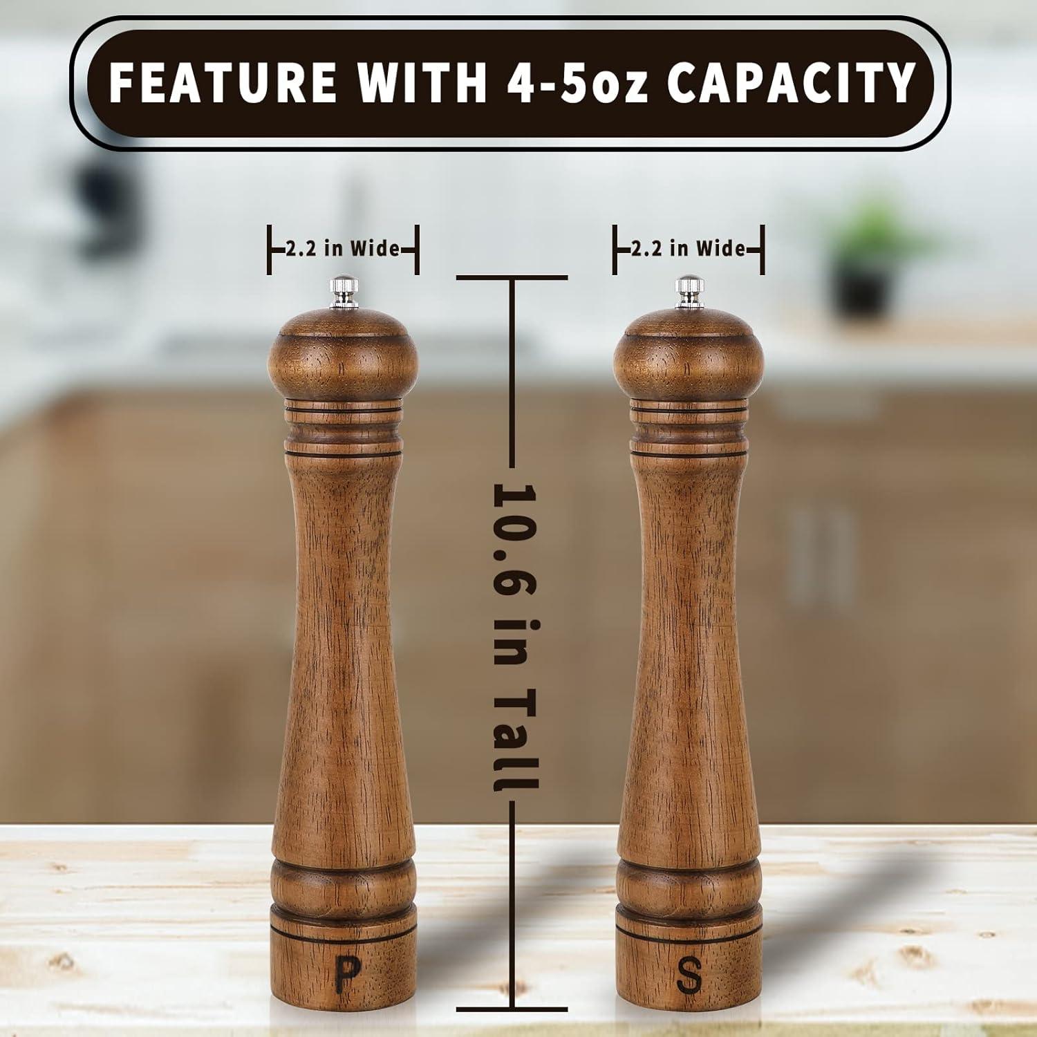 10-Inch Oak Wood Salt and Pepper Grinder Set with Adjustable Ceramic Rotor