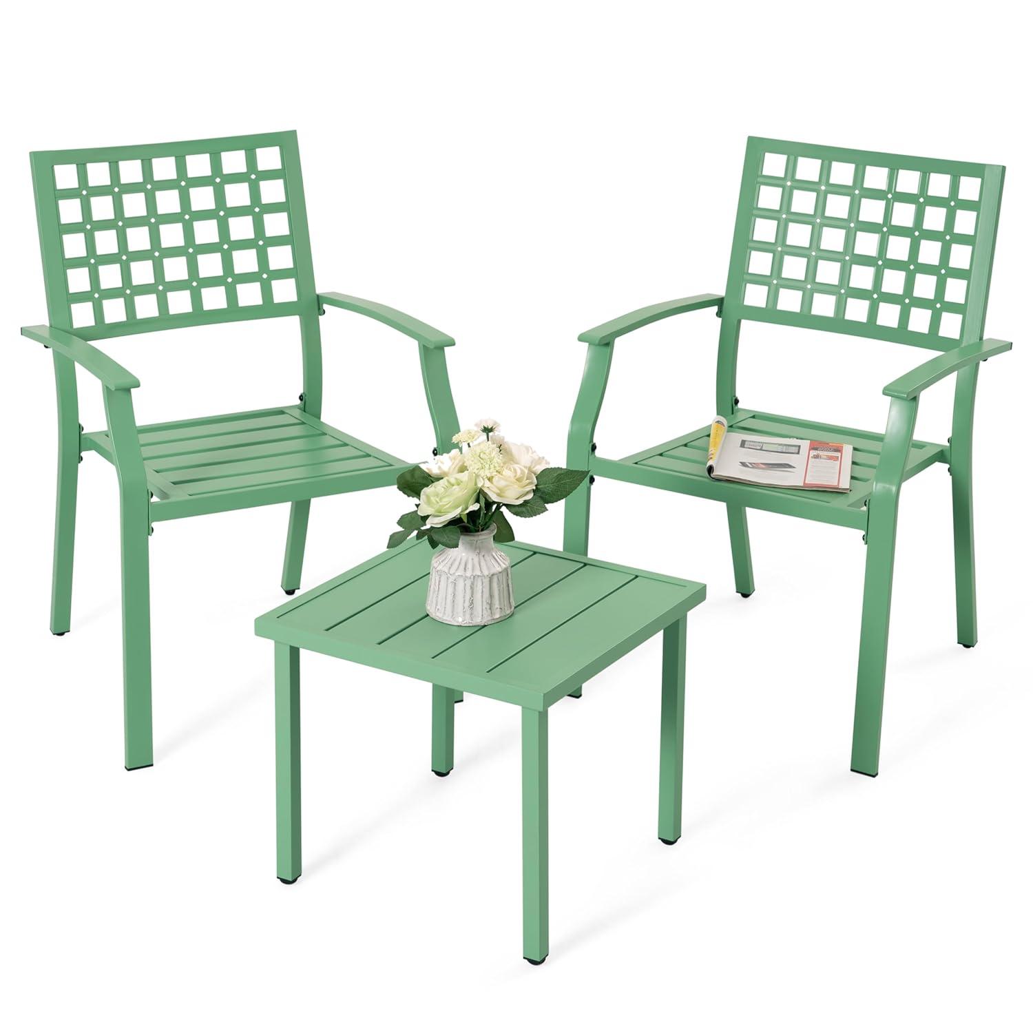 Nuu Garden Outdoor 3-Piece Iron Bistro Set, 2 Textilene Bistro Chairs and 20 Inch Round Slatted Bistro Table