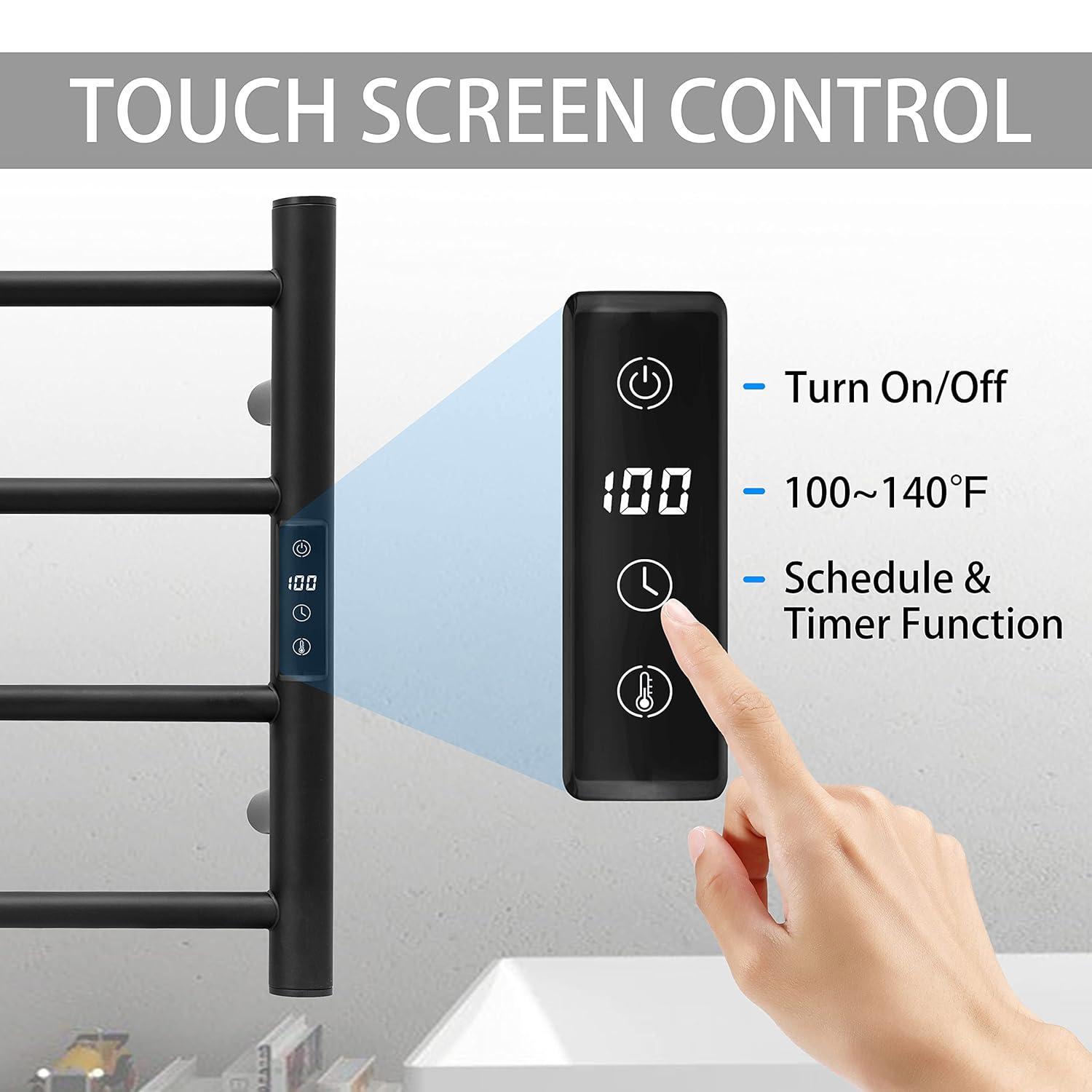 KEG Smart WiFi Towel Warmer Wall Mounted with Built-in Timer and Temperature Adjust Control, 4 Bars Electric Stainless Steel Heated Towel Racks for Bathroom Matte Black